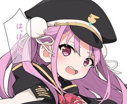  1girl aikawa_megumi double_bun hair_bun hat heaven_burns_red kaki_traveler kunimi_tama long_hair military_hat purple_hair sidelocks solo teeth violet_eyes 