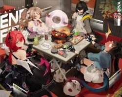  4girls animal_ears ardelia_(arknights) arknights arknights:_endfield artist_name bare_shoulders black_dress black_gloves black_horns black_sleeves blue_jacket brown_hair brown_horns character_name chen_qianyu_(arknights) closed_mouth copyright_name detached_sleeves dragon_bean_(arknights) dragon_girl dragon_horns dragon_tail dress dusk_(arknights) eastern_dragon_horns eastern_dragon_tail eating endministrator_(arknights) eye_mask eyjafjalla_(arknights) female_endministrator_(arknights) fingernails food full_body gloves grey_jacket hand_up hashtag-only_commentary highres horns indoors jacket laevatain_(arknights) little_black_sheep_(arknights) looking_at_viewer mask multicolored_dress multicolored_gloves multicolored_sleeves multiple_girls nian_(arknights) ohkurrva open_clothes open_jacket open_mouth pink_dress ponytail red_dress red_gloves red_hair sheep sheep_ears sheep_girl sheep_horns shu_(arknights) sitting skirt sleeveless sleeveless_dress surtr_(arknights) sweater table tail two-tone_dress two-tone_gloves two-tone_sleeves violet_eyes white_gloves white_skirt white_sleeves white_sweater 