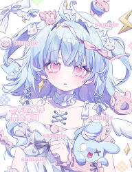  1girl 2mubudaye absurdres ahoge blue_hair blush bow choker collar collarbone cross-laced_clothes detached_sleeves doughnut dress earrings food frilled_choker frills hair_bow hair_ornament hair_ribbon highres holding holding_stuffed_toy jewelry looking_at_viewer open_mouth original pink_eyes rabbit_hair_ornament ribbon sample_watermark solo stuffed_animal stuffed_rabbit stuffed_toy two_side_up upper_body watermark white_background white_dress white_ribbon wings 