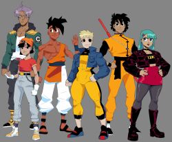  2girls 4boys asian bandana black_eyes black_hair blonde_hair blue_eyes boots bra_(dragon_ball) capsule_corp commentary dark-skinned_male dark_skin denim denim_jacket dougi dragon_ball dragon_ball_gt earrings english_commentary gloves headscarf highres jacket jewelry long_hair long_sleeves marron_(dragon_ball) mohawk multiple_boys multiple_girls muscular muscular_male orange_bandana orange_dougi orange_headscarf pan_(dragon_ball) pants purple_hair saiyan shirt short_hair siblings simple_background smile son_goten spiky_hair toon_(style) trunks_(dragon_ball) uub weapon wolfsvile wristband 