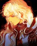  1boy androgynous armor berserk black_background blue_eyes cape closed_mouth griffith_(berserk) highres lips long_hair looking_at_viewer male_focus nisino2222 portrait shoulder_armor solo wavy_hair white_cape white_hair 