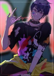  1boy \m/ black_pants black_shirt chair closed_mouth clothes_around_waist commentary_request goggles goggles_on_head jacket jacket_around_waist looking_at_viewer male_focus marius_von_hagen_(tears_of_themis) mtkignsn pants purple_hair shirt short_hair sitting solo tears_of_themis violet_eyes yellow_jacket 