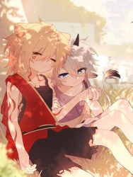 2boys animal_ears antenna_hair arm_tattoo black_shorts black_tank_top blonde_hair blue_eyes chest_tattoo closed_eyes commentary facial_tattoo gocheogja37862 gradient_hair grass grey_shirt hadanugi_dousa highres holding_hands honkai:_star_rail honkai_(series) horns lion_boy lion_ears lion_tail male_focus medium_hair multicolored_hair multiple_boys mydei_(a_trail_of_bygone_blood)_(honkai:_star_rail) mydei_(honkai:_star_rail) outdoors parted_bangs phainon_(a_dream_scented_in_wheat)_(honkai:_star_rail) phainon_(honkai:_star_rail) red_hair red_tattoo sheep_boy sheep_ears sheep_horns shirt short_hair shorts sitting sleeping sleeping_upright tail tank_top tattoo torn_clothes torn_shirt torn_shorts untranslatable_commentary white_hair 