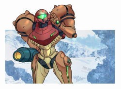  1girl arm_cannon armor assault_visor commentary_request green_visor helmet metroid metroid_prime_1 outdoors outside_border power_suit power_suit_(metroid) samus_aran shoulder_armor snow snowing solo varia_suit wakaba_(wata_ridley) weapon 