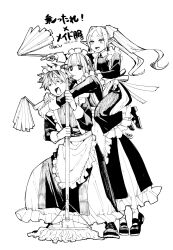  1boy 2girls =_= alternate_costume boo_br carrying crossdressing crossdressing_(mtf) dated dress duster earrings fern_(sousou_no_frieren) frieren greyscale highres holding holding_duster jewelry leaning_on_person long_dress maid maid_headdress monochrome mop multiple_girls open_mouth piggyback pointy_ears sousou_no_frieren stark_(sousou_no_frieren) tears tiptoes translation_request twintails twitter_username 