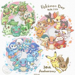  absurdres blue_eyes bulbasaur charmander chespin chikorita chimchar colored_sclera commentary_request cyndaquil dated eevee electricity fennekin fire froakie fuecoco grookey happy heart highres leaf litten mudkip no_humans open_mouth orange_eyes oshawott pikachu pink_eyes piplup poke_ball pokemon pokemon_(creature) pokemon_day pokemon_focus popplio quaxly red_eyes rowlet sasabunecafe scorbunny smile snivy sobble sprigatito squirtle tepig torchic totodile treecko turtwig violet_eyes water yellow_sclera 