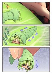  1girl ^^^ arthropod_girl blush caterpillar_girl chibi closed_eyes closed_mouth commentary_request fangs fangs_out green_hair harumina_mau highres holding holding_mini_person leaf mini_person minigirl original short_hair yurie_mouth 