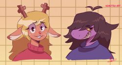  2023 2d 2girls absurdres animal_ears anthro antlers blonde_hair body_fur brown_fur buck_teeth colored_sclera colored_skin colored_teeth commentary cropped_shoulders deer deer_ears deer_girl deltarune digital_media duo english_commentary female female_only furry furry_female grid_background highres lizard lizard_girl long_hair mammal monster monster_girl multiple_girls nemotraart noelle_holiday purple_hair purple_skin purple_sweater red_sweater reindeer reindeer_girl reptile reptile_girl scalie sharp_teeth simple_background susie_(deltarune) sweater teeth utdr_(toby_fox) yellow_background yellow_sclera yellow_teeth 
