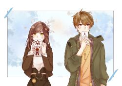  1boy 1girl black_skirt brown_eyes brown_hair brown_jacket closed_mouth coffee_mug cup green_eyes green_jacket holding holding_cup honkai_(series) honkai_impact_3rd jacket jewelry jingwei_(bird) key long_hair long_sleeves luke_pearce_(tears_of_themis) mihoyo mug necklace nirvana_(242644) rosa_(tears_of_themis) shirt short_hair skirt smile tears_of_themis upper_body white_shirt yellow_shirt 