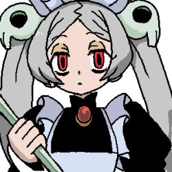  1girl apron black_shirt bloody_marie_(skullgirls) brooch closed_mouth commentary_request expressionless forehead frilled_apron frilled_straps frills grey_hair hair_ornament holding jaggy_lines jewelry lowres maid maid_apron maid_headdress middle_part oekaki parted_bangs parted_hair portrait puffy_sleeves red_eyes shirt skull_hair_ornament skullgirls solo straight-on twintails white_apron white_background yaturugi_nennji 