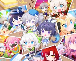  >_< +_+ ahoge aiming bath beret black_bow black_shirt blonde_hair blue_dress blue_eyes blue_hair blue_serafuku bob_cut bow bronya_zaychik bronya_zaychik_(blue_reunion) bronya_zaychik_(valkyrie_chariot) chibi china_dress chinese_clothes closed_eyes closed_mouth cotton_candy double_bun dress durandal_(honkai_impact) english_commentary fake_facial_hair fake_mustache food frilled_one-piece_swimsuit frills fu_hua fu_hua_(blue_swallow) green_jacket grey_eyes grey_hair guitar hair_bow hair_bun hat highres holding holding_cotton_candy holding_food holding_guitar holding_instrument holding_maracas honkai_(series) honkai_impact_3rd horns instrument jacket japanese_clothes jin2 kallen_kaslana kiana_kaslana kiana_kaslana_(knight_moonbeam) kiana_kaslana_(lemon_soda) kimono liliya_(kaetzchen) maracas murata_himeko neckerchief one-piece_swimsuit one_eye_closed open_mouth photo_(object) pink_hair pink_kimono ponytail purple_hair raiden_mei raiden_mei_(aqua_chime) raiden_mei_(lightning_empress) rita_rossweisse rita_rossweisse_(icy_sea_spray) rozaliya_olenyeva school_uniform seele_vollerei seele_vollerei_(papilio_lily) seele_vollerei_(swallowtail_phantasm) serafuku shirt siblings single_horn smile soles summer summer_uniform sundress swimsuit theresa_apocalypse theresa_apocalypse_(sugar_haw_child) twins violet_eyes white_hair white_one-piece_swimsuit yae_sakura yellow_neckerchief 