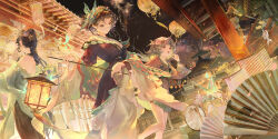  3girls absurdres aerial_fireworks architecture balaba bare_shoulders black_hair bracelet brown_hair butterfly_hair_ornament chinese_clothes chinese_commentary commentary_request east_asian_architecture face_chain facial_mark fireworks forehead_jewel forehead_mark hair_ornament hanfu highres holding holding_lantern jewelry lantern mole mole_under_eye multiple_girls night official_alternate_costume oil-paper_umbrella outdoors reverse:1999 rubuska tooth_fairy_(reverse:1999) umbrella willow_(reverse:1999) 