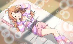  1girl antenna_hair artist_request commentary_request enma_ema enmankaiketsu!_enma-chan from_above futon highres hood hooded_jacket jacket leg_warmers long_hair lying official_art on_back one_eye_closed orange_hair pink_shorts shirt shorts sleepy solo striped_clothes striped_jacket striped_leg_warmers tatami tears white_shirt 