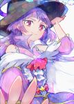  1girl black_headwear cure_magical earrings frills hand_on_headwear hat highres itomugi-kun izayoi_liko jewelry long_hair magical_girl mahou_girls_precure! pink_eyes precure purple_hair smile solo witch_hat 