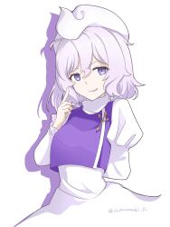  1girl aomurasaki_r arm_behind_back black_vest blue_eyes commentary dress hashtag hat highres index_finger_raised juliet_sleeves lapel_pin letty_whiterock long_sleeves medium_hair open_mouth puffy_sleeves solo touhou twitter_username vest white_background white_dress white_hair white_hat 