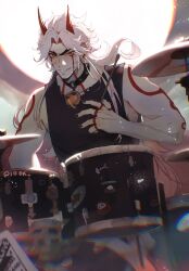  1boy 1o8k arataki_itto artist_name black_choker black_nails black_tank_top bodypaint choker chromatic_aberration collarbone colored_inner_hair commentary cymbals drum drum_set drumsticks earrings english_commentary facepaint fingernails genshin_impact gradient_hair grin hand_up highres holding holding_drumsticks horns instrument jewelry light_particles long_fingernails long_hair looking_at_viewer male_focus multicolored_hair o-ring o-ring_choker oni parted_bangs red_eyes red_hair red_horns sitting smile solo spiked_choker spikes sticker tank_top teeth thick_eyebrows v-shaped_eyebrows vision_(genshin_impact) white_hair 