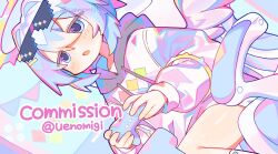  1girl blue_background blue_hair blush commentary commission controller deal_with_it_(meme) dot_nose double-parted_bangs drawstring eyewear_on_head feet_out_of_frame game_controller hair_between_eyes highres holding holding_controller holding_game_controller hood hood_down hoodie long_sleeves meme open_mouth original short_hair short_shorts shorts sitting solo sunglasses twitter_username uenomigi white_hoodie white_shorts 