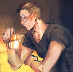  1boy beard_stubble black_hair black_shirt blush buzz_cut cup disco_elysium dule_(anhaidule) elbow_rest facial_hair facing_to_the_side flustered hair_slicked_back half-closed_eyes highres holding holding_cup kim_kitsuragi male_focus round_eyewear shirt short_hair solo stubble t-shirt upper_body very_short_hair 