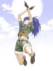  black_gloves blue_eyes blue_hair boots collared_jacket combat_boots commentary_request crossed_arms fingerless_gloves gloves green_shorts highres jacket jumping kazeya_kazuya leona_heidern looking_down midriff navel ponytail short_sleeves shorts sky soldier suspenders the_king_of_fighters the_king_of_fighters_xv 