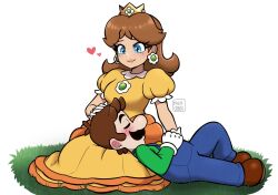  1boy 1girl artist_name blue_eyes blue_overalls brown_hair closed_eyes commentary couple crown dress earrings english_commentary eyelashes facial_hair flower_earrings full_body gloves grass green_shirt hand_on_another's_head heart highres jewelry lap_pillow long_hair long_sleeves looking_at_another luigi lying lying_on_lap muis0802 mustache on_back on_lap orange_dress overalls princess princess_daisy puffy_short_sleeves puffy_sleeves shirt shoes short_hair short_sleeves sitting smile super_mario_bros. white_background white_gloves 