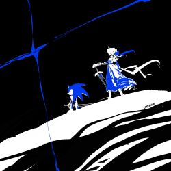  1boy 1girl armor armored_dress artoria_pendragon_(fate) caliburn_(sonic) catrence crossover dress excalibur_(fate/stay_night) fate/stay_night fate_(series) hedgehog_boy highres holding holding_sword holding_weapon monochrome saber_(fate) sonic_(series) sonic_and_the_black_knight sonic_the_hedgehog spot_color standing sword trait_connection weapon 