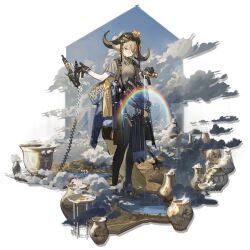  1girl animal_ears arknights azling black_gloves black_pantyhose brown_hair brown_shirt can chain_weapon clothes_around_waist clouds cow_ears cow_girl cow_horns flower flower_on_head full_body gloves green_eyes highres holding holding_can holding_weapon horns jacket jacket_around_waist knife_sheath layered_shirt looking_at_viewer official_alternate_costume pallas_(a_drip_of_orea_and_potamous)_(arknights) pallas_(arknights) pantyhose parthenon pouring rainbow sheath shirt short_sleeves smile solo standing transparent_background weapon yellow_flower 