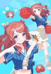  1girl bike_shorts bike_shorts_under_skirt blue_background blue_eyes blue_shirt blush breasts cheerleader chibi chibi_inset clenched_teeth commentary double_bun gakuen_idolmaster gloves grin hair_bun hanami_saki highres holding holding_pom_poms idolmaster long_hair looking_at_viewer loose_socks midriff misuzu0342 multiple_views pleated_skirt pom_pom_(cheerleading) red_hair shirt shoes short_sleeves shorts shorts_under_skirt skirt smile sneakers socks standing striped_clothes teeth tied_shirt two_side_up untranslatable_commentary v-shaped_eyebrows vertical-striped_clothes white_gloves white_shoes white_skirt white_socks yellow_shorts 