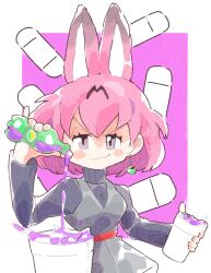  1girl alternate_hair_color animal_ears black_dougi bottle commentary commission cosplay cup decantering dougi dragon_ball dragon_ball_super drink earrings english_commentary evil_smile extra_ears goku_black goku_black_(cosplay) holding holding_bottle holding_cup holding_drink inkerton-kun jewelry kemono_friends lean_(drink) lean_(drug) looking_at_viewer meme pink_hair pinky_out potara_earrings red_sash sash second-party_source serval_(kemono_friends) short_hair single_earring smile soda_bottle solo sphere_earrings sprite_(drink) super_saiyan super_saiyan_rose v-shaped_eyebrows 