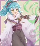  1girl :d blue_hair fire_emblem fire_emblem_heroes fur_trim highres japanese_clothes kimono long_hair long_sleeves official_alternate_costume open_mouth otter oyusame ponytail reginn_(fire_emblem) reginn_(new_year)_(fire_emblem) smile twitter_username wide_sleeves yellow_eyes 
