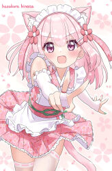  1girl :d animal_ear_fluff animal_ears apron artist_name blush cat_ears cat_girl cat_tail commentary_request dot_nose double-parted_bangs elbow_gloves fang fingerless_gloves floral_background floral_print floral_print_kimono flower frilled_apron frills gloves green_nails hair_flower hair_ornament hazakura_hinata highres hinata_(hazakura_hinata) japanese_clothes kimono leaning_forward looking_at_viewer maid maid_apron maid_headdress multicolored_nails nail_polish open_mouth original outstretched_arm pink_eyes pink_hair pink_kimono pink_nails print_kimono revision ribbon-trimmed_thighhighs ribbon_trim sash sidelocks signature simple_background smile solo tail tail_under_clothes thigh-highs v wa_maid walking walking_towards_viewer white_apron white_gloves white_nails white_thighhighs zettai_ryouiki 