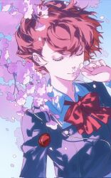  1girl black_jacket brown_hair cherry_blossoms closed_eyes commentary_request flower gekkoukan_high_school_uniform headphones highres jacket moskk884006 neck_ribbon persona persona_3 petals pink_flower pink_petals red_ribbon ribbon school_uniform shiomi_kotone solo 