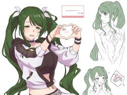  2girls :3 absurdres black_choker blush bracelet breasts choker closed_mouth commentary_request d4dj food green_eyes green_hair heart heart_hands heart_in_heart_hands highres hood hood_down hooded_jacket inuyose_shinobu jacket jewelry kanade_(kanade_3344) large_breasts long_hair marshmallow marshmallow_(site) multiple_girls neck_ribbon partially_unzipped request_inset ribbon shimizu_esora sidelocks simple_background translation_request twintails white_background 