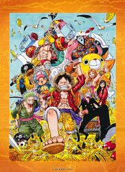  2girls absurdres afro antlers bad_link beard bird blue_skin brook_(one_piece) coin colored_skin cup facial_hair flag franky_(one_piece) gold gold_coin hat highres horns jinbe_(one_piece) jolly_roger monkey_d._luffy multiple_girls muscular muscular_male nami_(one_piece) nico_robin oda_eiichirou official_art one_piece open_clothes open_shirt pirate_hat reindeer_antlers reindeer_boy roronoa_zoro running sakazuki sandals sanji_(one_piece) scar scar_on_cheek scar_on_face seagull skeleton skull straw_hat straw_hat_pirates sword third-party_source thousand_sunny tony_tony_chopper usopp weapon 
