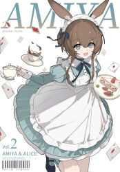  1girl absurdres ace_(playing_card) ace_of_diamonds ace_of_hearts ace_of_spades alice's_adventures_in_wonderland alice_(alice_in_wonderland) alice_(alice_in_wonderland)_(cosplay) amiya_(arknights) apron arknights artist_name barcode black_shoes blue_dress blue_eyes blue_socks breasts brown_hair cake cake_slice card character_name commentary cosplay cup diamond_(shape) dress english_commentary food foot_out_of_frame fruit heart highres holding holding_teapot infection_monitor_(arknights) isekai_douyou_(chant) juliet_sleeves long_sleeves looking_at_viewer medium_breasts open_mouth plate playing_card puffy_sleeves saucer shoes short_hair sidelocks simple_background smile socks solo spade_(shape) strawberry striped_clothes striped_dress striped_socks tea teacup teapot vertical-striped_clothes vertical-striped_dress vertical-striped_socks white_apron white_background 