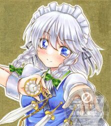  1girl back_bow blue_eyes bow braid commentary green_bow grey_hair hair_bow highres holding holding_pocket_watch izayoi_sakuya knife long_hair maid maid_headdress nekofish666 pocket_watch shirt smile solo touhou traditional_media twin_braids watch watermark white_bow white_shirt wrist_cuffs 