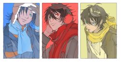  3boys alternate_costume antenna_hair bad_id bad_twitter_id black_border black_gloves black_hair black_jacket blue_background blue_eyes blue_gloves blue_jacket blue_scarf border bright_pupils brothers brown_hat buster_bros!!! choppy_bangs coat column_lineup earmuffs enpera fringe_trim fur-trimmed_headwear fur_trim gloves green_eyes hair_between_eyes hand_on_own_head hand_up hat head_tilt heterochromia hypnosis_mic inset_border jacket jitome leaning_forward long_sleeves looking_at_viewer looking_up male_focus medium_hair mole mole_under_eye mole_under_mouth multicolored_gloves multicolored_jacket multiple_boys multiple_moles n_uu_nn open_clothes open_jacket orange_jacket orange_sweater parted_bangs parted_lips portrait raised_inner_eyebrows red_background red_eyes red_scarf scarf shirt short_hair siblings sideways_glance smile sweater tareme turtleneck two-tone_gloves two-tone_jacket ushanka white_background white_pupils winter_clothes winter_coat yamada_ichiro yamada_jiro yamada_saburo yellow_background yellow_eyes yellow_scarf yellow_shirt zipper zipper_pull_tab 