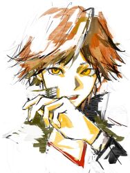  1boy brown_hair cropped_torso gou_tou21081 hanamura_yousuke hashtag-only_commentary highres layered_sleeves long_sleeves looking_at_viewer male_focus open_mouth orange_eyes persona persona_4 popped_collar shirt short_hair simple_background solo teeth upper_teeth_only v-neck white_background white_shirt 