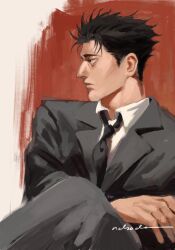  1boy black_hair black_jacket black_necktie black_pants black_suit closed_mouth collared_shirt commentary crossed_legs english_commentary highres higuruma_hiromi jacket jujutsu_kaisen lips looking_to_the_side male_focus ndsoda necktie nose pants red_background shirt short_hair sideburns signature sitting solo suit suit_jacket white_shirt 