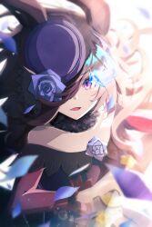  1girl animal_ears bare_shoulders blue_dress blue_flower blue_hat blue_rose blush breasts brown_hair commentary_request dagger dress eye_trail flipped_hair flower fur_choker gelato1030 hair_over_one_eye hat hat_flower highres holding holding_dagger holding_knife holding_weapon horse_ears horse_girl knife light_trail long_hair long_sleeves looking_at_viewer off-shoulder_dress off_shoulder open_mouth petals rice_shower_(rosy_dreams)_(umamusume) rice_shower_(umamusume) rose running small_breasts solo tilted_headwear umamusume violet_eyes weapon 