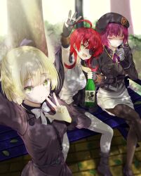  3girls :t :| ahoge arm_under_breasts asami_makiko_(heaven_burns_red) bench black_dress black_gloves black_hat black_pantyhose blonde_hair blunt_bangs bottle bow bowtie breasts cheek_poking closed_eyes closed_mouth collared_shirt colored_eyelashes commentary cowboy_shot crossed_legs dappled_sunlight dress drooling drunk earrings expressionless eyepatch fingerless_gloves frown gloves green_eyes half_updo hat heaven_burns_red highres holding holding_bottle huge_ahoge jacket jacket_on_shoulders jewelry large_breasts long_hair long_sleeves medium_hair military_hat military_uniform mochimugi_rice mouth_drool multiple_girls nanase_nanami_(heaven_burns_red) on_bench one_eye_covered open_mouth outdoors pantyhose park_bench pencil_skirt pink_pupils poking purple_hair red_eyes red_hair sake_bottle selfie shaded_face shirt short_hair sitting skirt sleeveless sleeveless_shirt smile standing sunlight tezuka_saki tree tsurime v v-shaped_eyebrows w waving white_bow white_bowtie white_gloves white_pantyhose white_shirt wine_bottle yellow_eyes 