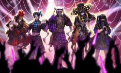  2girls 3boys araya_(project_moon) belt black_dress black_gloves black_hair blue_dress blue_eyes book brown_eyes brown_hair callisto_(project_moon) chain commentary_request cyborg dress eyewear_on_head fingerless_gloves gloves glowstick hat_over_eyes highres holding holding_glowstick idol idol_clothes limbus_company long_hair mask mask_over_one_eye matthias_(project_moon) microphone mouth_mask multicolored_hair multiple_boys multiple_girls pager plume project_moon purple_dress red_dress red_eyes rien_(project_moon) shan23852196 short_hair side_ponytail skirt streaked_hair twintails valencina_(project_moon) white_hair white_streaks 