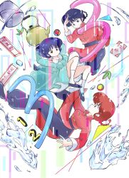  1boy 2girls blue_eyes blue_hair braid brown_eyes bucket chinese_clothes closed_mouth commentary_request en_0410 fuurinkan_high_school_uniform highres multiple_girls pale_skin ranma-chan ranma_1/2 red_hair saotome_ranma school_uniform short_hair single_braid teapot tendou_akane water 