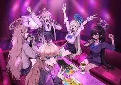  5girls absurdres akane_(blue_archive) arms_up asuna_(blue_archive) black_halo blonde_hair blue_archive blue_bow blue_halo bow bowtie braid breasts brown_eyes brown_hair brown_halo closed_eyes collared_shirt commentary_request dark-skinned_female dark_skin glasses hair_over_one_eye halo highres jjigong_chigon karaoke karin_(blue_archive) large_breasts long_hair multiple_girls neru_(blue_archive) open_mouth orange_hair pleated_skirt scrunchie shirt short_hair sitting skirt toki_(blue_archive) v white_shirt 