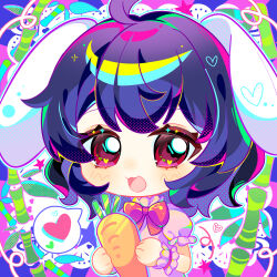  1girl :3 :d absurdres ahoge bamboo bandaged_wrist bandages black_hair carrot chibi chibi_only commentary_request deformed dress frilled_cuffs heart highres holding holding_carrot inaba_tewi looking_at_viewer open_mouth pink_dress puffy_short_sleeves puffy_sleeves rabbit_tail red_eyes short_hair short_sleeves smile solo speech_bubble spoken_heart tail touhou upper_body xingxingxing_guangguang 