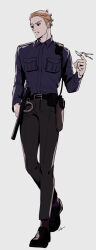  1boy alternate_costume baton_(weapon) blonde_hair blue_shirt brown_pants commentary cuffs full_body gun gyogyo_hjj handcuffs handgun highres holding holding_key holster jojo_no_kimyou_na_bouken key male_focus pants police prosciutto_(jojo) shirt signature solo untranslatable_commentary vento_aureo weapon 