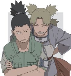  1boy 1girl black_hair blonde_hair couple flak_jacket highres jacket konohagakure_shinobi_uniform konohagakure_symbol nara_shikamaru naruto_(series) quad_tails smile tall_female temari_(naruto) ue_3200 