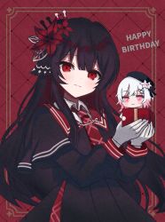  2girls absurdres black_capelet black_hair black_shirt black_skirt box capelet closed_mouth collared_shirt commentary_request flower gift gift_box hair_flower hair_ornament happy_birthday highres holding holding_gift long_hair long_sleeves looking_at_viewer mahou_shoujo_no_majo_saiban mini_person minigirl multiple_girls necktie nikaido_hiro pleated_skirt red_background red_eyes red_flower red_necktie sakuraba_ema shirt skirt white_hair yua_666666 