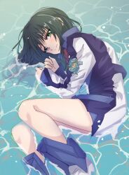  1girl alvis_uniform boots cropped_jacket dress green_eyes green_hair highres long_hair looking_at_viewer lying matsuko_(hanahana7_hp) minashiro_tsubaki on_side smile solo soukyuu_no_fafner water 