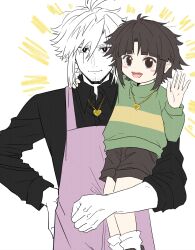  1boy 1other :d absurdres age_difference alternate_universe ankle_socks antenna_hair apron arm_around_neck bare_legs black_eyes black_shirt blunt_bangs blush_stickers bright_pupils brown_eyes brown_hair brown_shoes brown_shorts carrying carrying_person chara_(undertale) child chinese_commentary closed_mouth collared_shirt colored_skin commentary_request copyright_notice denim denim_shorts dot_nose dual_persona elbow_carry facial_hair feet_out_of_frame film_grain flat_color flipped_hair gold_necklace green_sweater hair_between_eyes hanbaobaobaozhu hand_on_another's_neck hand_on_own_hip hand_up heart heart_necklace highres jewelry long_sleeves necklace no_pupils open_mouth pink_apron puffy_long_sleeves puffy_sleeves round_teeth scar scar_across_eye scar_on_face shirt shoes short_hair shorts sidelocks sleeve_rolled_up slit_pupils smile socks straight-on striped_clothes striped_sweater sweater swept_bangs tareme teeth thick_eyebrows tongue tsurime turtleneck turtleneck_sweater two-tone_sweater undertale upper_body upper_teeth_only utdr_(toby_fox) v-shaped_eyebrows waving white_hair white_pupils white_skin white_socks xtale yellow_sweater 