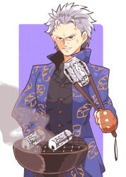  1boy black_shirt blue_coat brown_gloves can coat collared_shirt commentary commission cooking devil_may_cry_(series) drink_can earrings energy_drink english_commentary fingerless_gloves gloves grey_eyes grey_hair grill grilling grin hair_slicked_back hand_in_pocket holding holding_can holding_tongs inkerton-kun jewelry looking_at_viewer male_focus monster_energy parted_lips second-party_source shirt short_hair smile solo stud_earrings tongs upper_body v-shaped_eyebrows vergil_(devil_may_cry) 